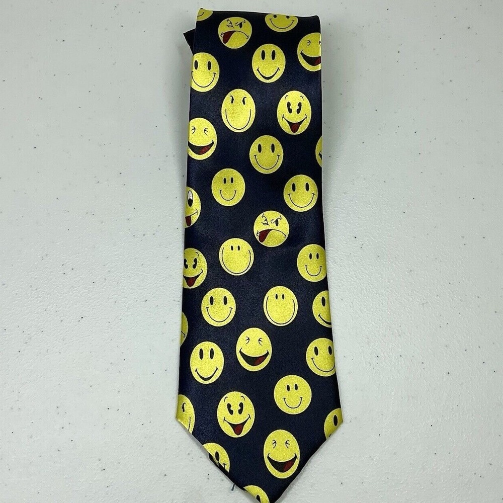 Roberto Cellini Men Novelty‎ Emoji Smile Face Tie Black Yellow Funny Silk